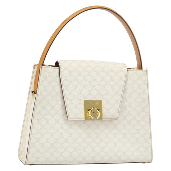 CELINE Macadam Canvas Handtasche PVC Leder Weiß Gold Auth 181760