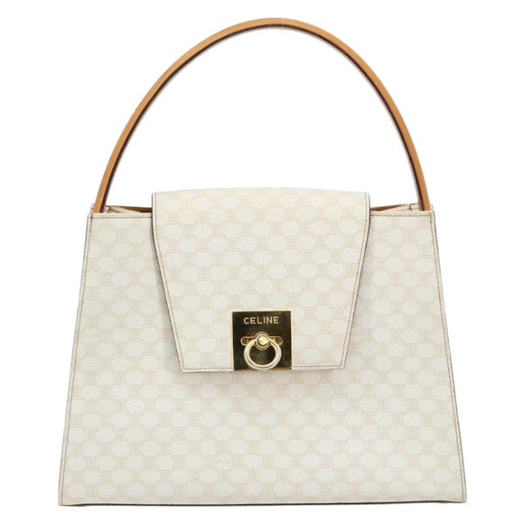 CELINE Macadam Canvas Handtasche PVC Leder Weiß Gold Auth 181760