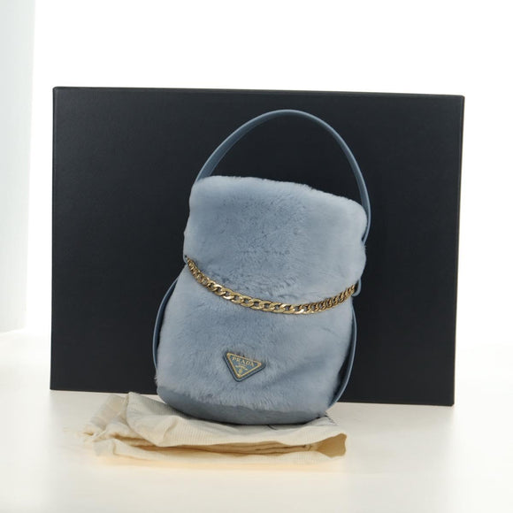 PRADA Petit Sac Noir Hand Bag fur Light Blue Gold Auth 181769SAM