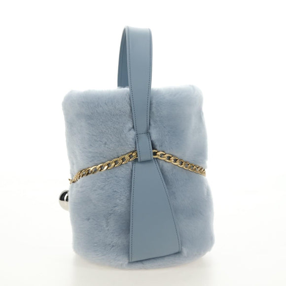 PRADA Petit Sac Noir Hand Bag fur Light Blue Gold Auth 181769SAM