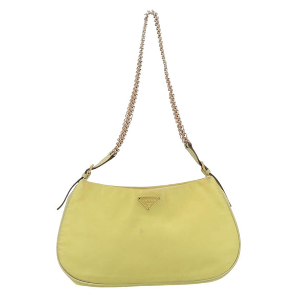 PRADA Schoudertas met Ketting Nylon Geel Goud Auth 181775A