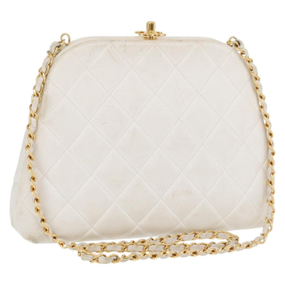 CHANEL Matelasse Chain Shoulder Bag Lamb Skin White Gold CC Auth 181776V