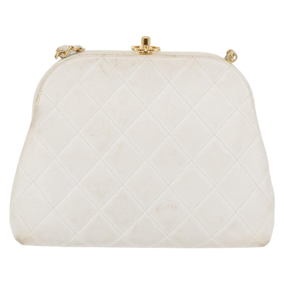 CHANEL Matelasse Chain Shoulder Bag Lamb Skin White Gold CC Auth 181776V