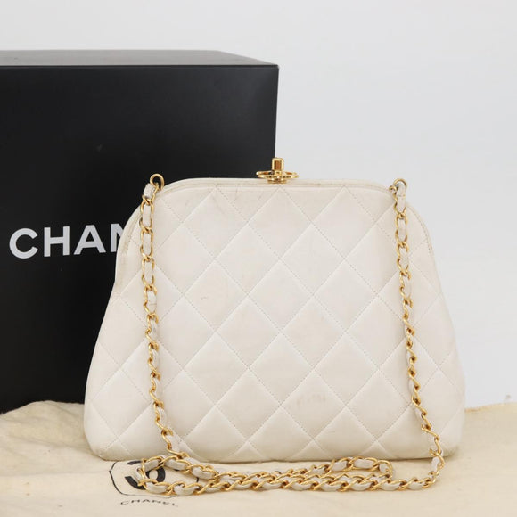 CHANEL Matelasse Chain Shoulder Bag Lamb Skin White Gold CC Auth 181776V