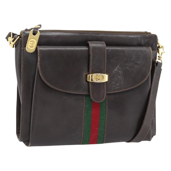 GUCCI Web Sherry Line Shoulder Bag Leather Brown Red Green Auth 181788
