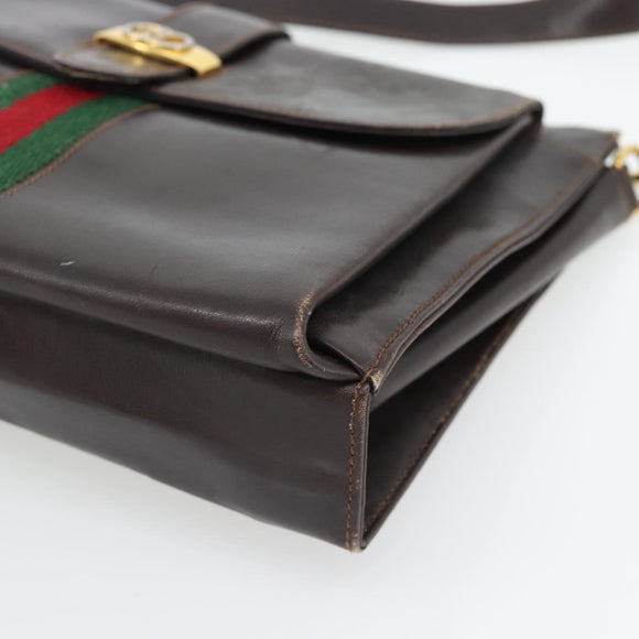 GUCCI Web Sherry Line Shoulder Bag Leather Brown Red Green Auth 181788