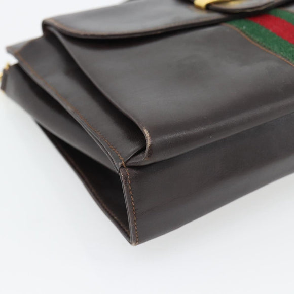 GUCCI Web Sherry Line Shoulder Bag Leather Brown Red Green Auth 181788