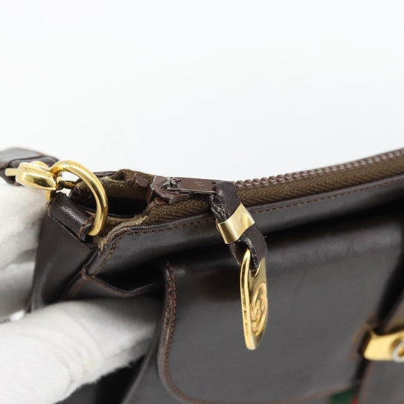 GUCCI Web Sherry Line Shoulder Bag Leather Brown Red Green Auth 181788