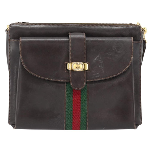 GUCCI Web Sherry Line Shoulder Bag Leather Brown Red Green Auth 181788