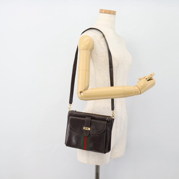 GUCCI Web Sherry Line Shoulder Bag Leather Brown Red Green Auth 181788