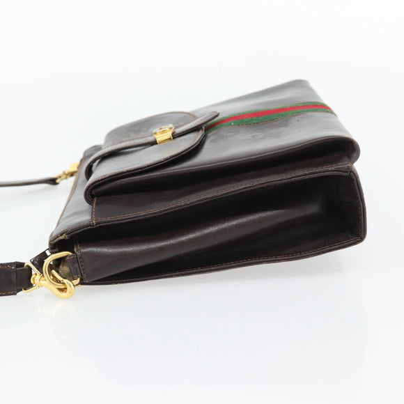 GUCCI Web Sherry Line Shoulder Bag Leather Brown Red Green Auth 181788