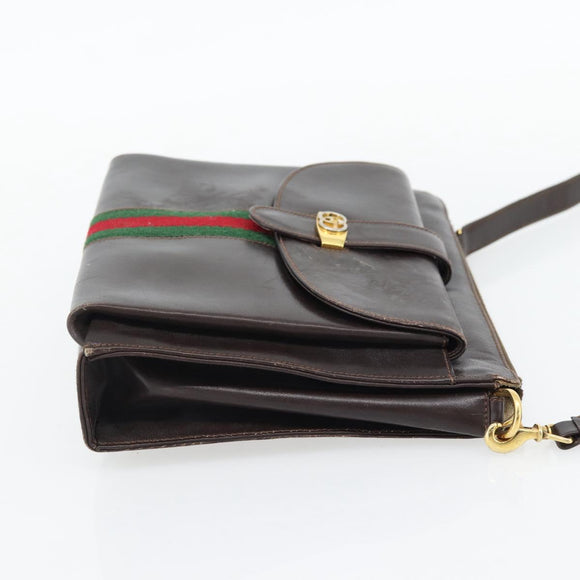 GUCCI Web Sherry Line Shoulder Bag Leather Brown Red Green Auth 181788