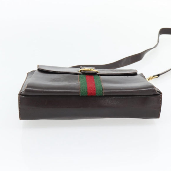 GUCCI Web Sherry Line Shoulder Bag Leather Brown Red Green Auth 181788