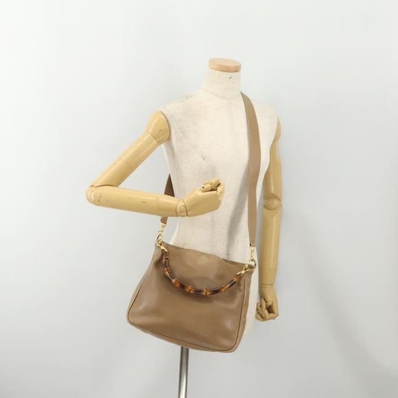 GUCCI Bamboo Shoulder Bag Leather Beige Gold 001 2113 1638 Auth 181800