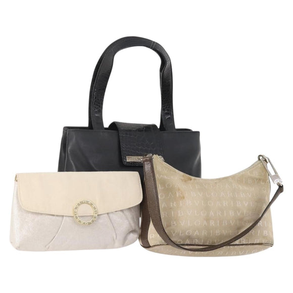 BVLGARI Hand Bag Nylon Canvas 3 Set Black Beige white Auth 181807