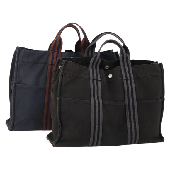 HERMES Fourre Tout Hand Bag Cotton 2 Set Black Navy Auth 181810