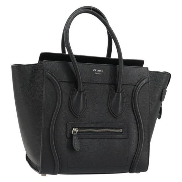 CELINE Luggage Micro Shopper Hand Bag Leather Black Silver Auth 181819SAM