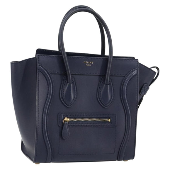 CELINE Luggage Micro Shopper Hand Bag Leather Navy Gold Auth 181820M
