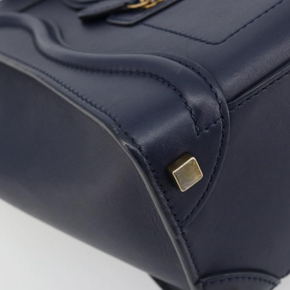 CELINE Luggage Micro Shopper Hand Bag Leather Navy Gold Auth 181820M