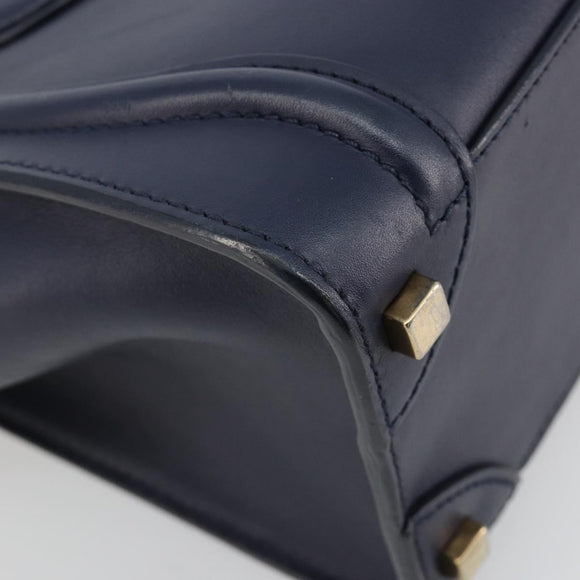 CELINE Luggage Micro Shopper Hand Bag Leather Navy Gold Auth 181820M