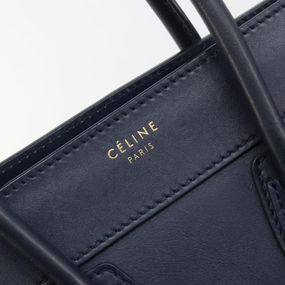 CELINE Luggage Micro Shopper Hand Bag Leather Navy Gold Auth 181820M