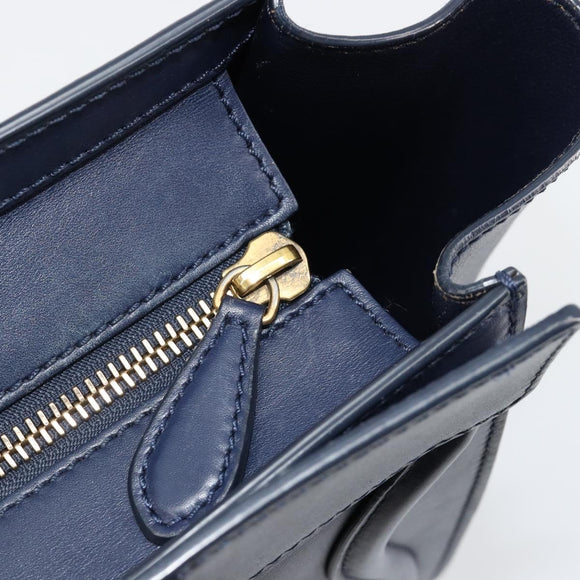 CELINE Luggage Micro Shopper Hand Bag Leather Navy Gold Auth 181820M