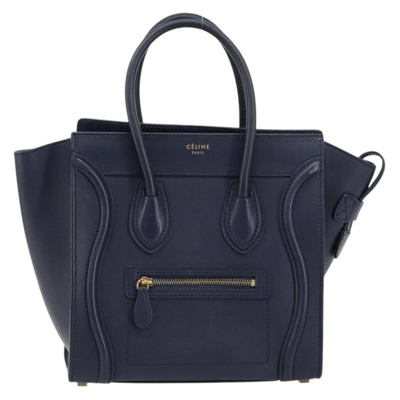 CELINE Luggage Micro Shopper Hand Bag Leather Navy Gold Auth 181820M