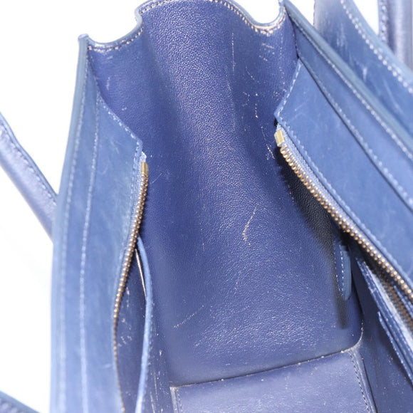 CELINE Luggage Micro Shopper Hand Bag Leather Navy Gold Auth 181820M