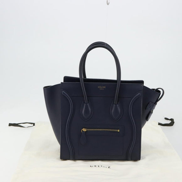 CELINE Luggage Micro Shopper Hand Bag Leather Navy Gold Auth 181820M