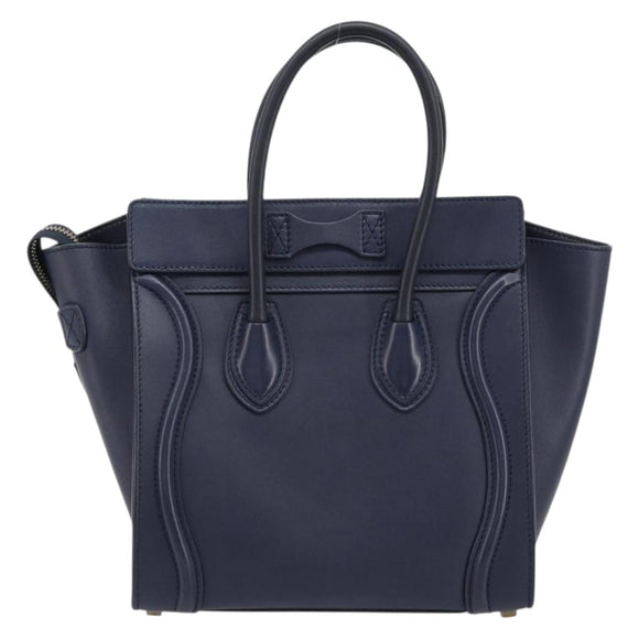 CELINE Luggage Micro Shopper Hand Bag Leather Navy Gold Auth 181820M