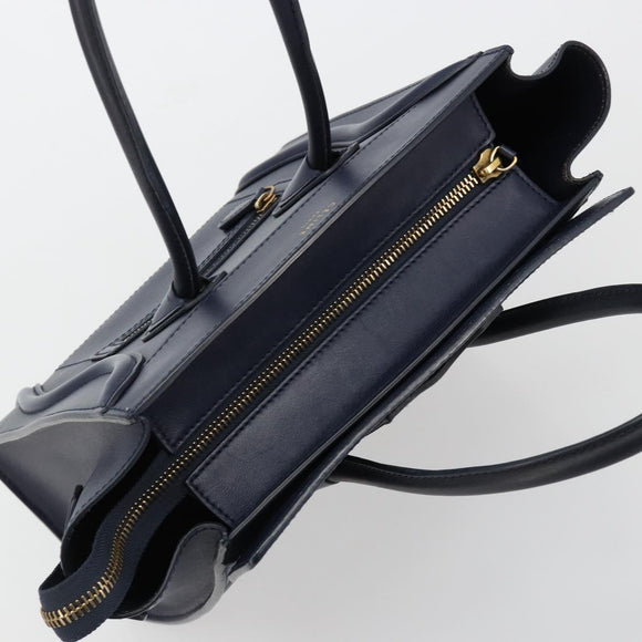 CELINE Luggage Micro Shopper Hand Bag Leather Navy Gold Auth 181820M