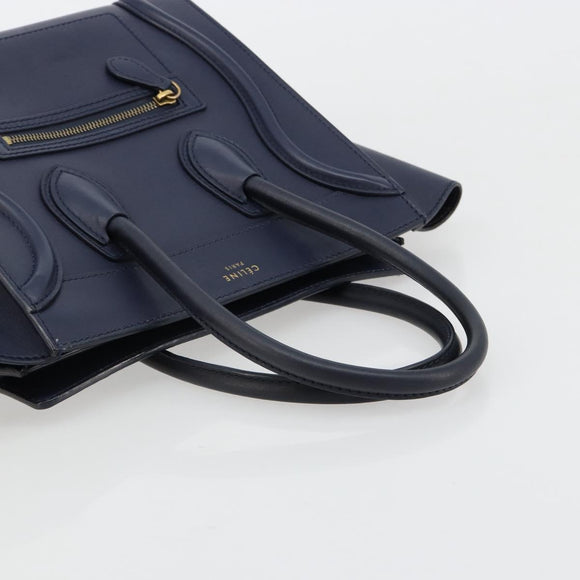 CELINE Luggage Micro Shopper Hand Bag Leather Navy Gold Auth 181820M