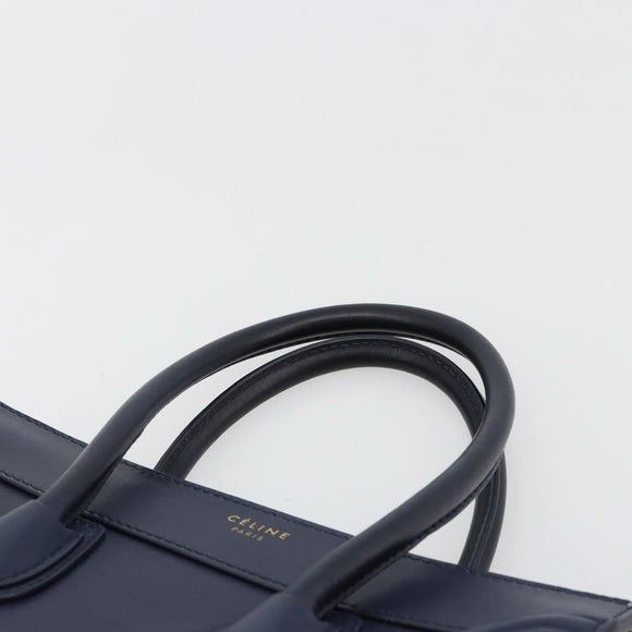 CELINE Luggage Micro Shopper Hand Bag Leather Navy Gold Auth 181820M