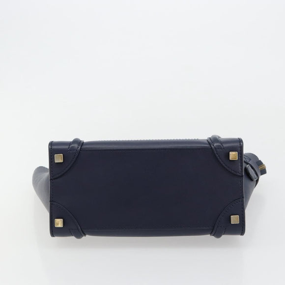 CELINE Luggage Micro Shopper Hand Bag Leather Navy Gold Auth 181820M