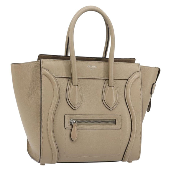CELINE Luggage Micro Shopper Hand Bag Leather Beige Silver Auth 181821M