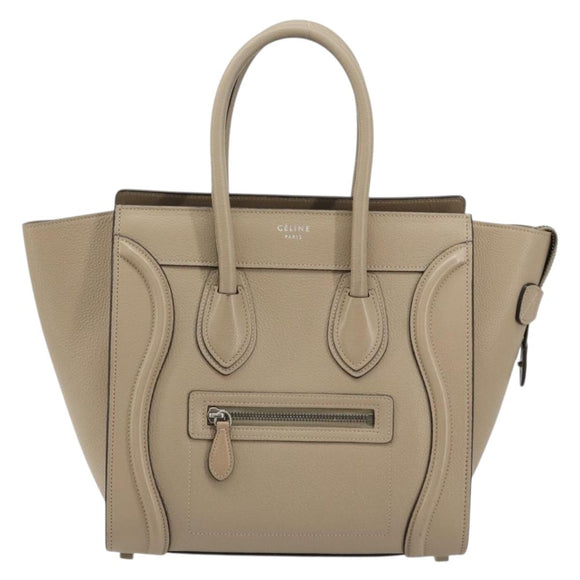 CELINE Luggage Micro Shopper Hand Bag Leather Beige Silver Auth 181821M