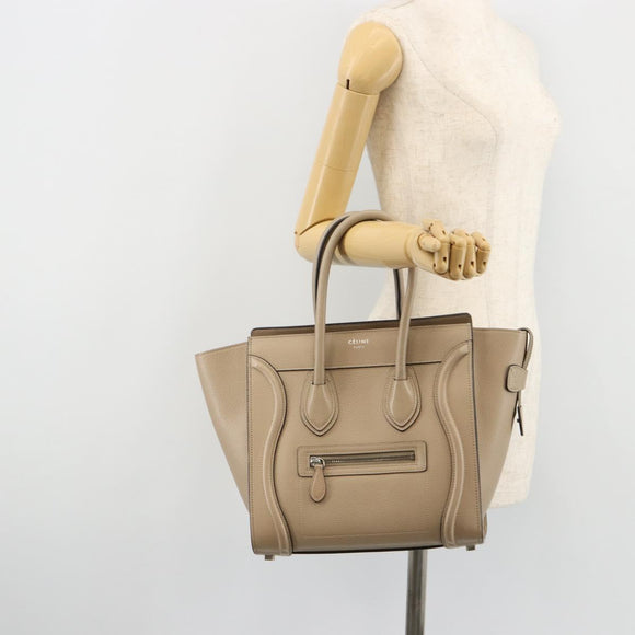 CELINE Luggage Micro Shopper Hand Bag Leather Beige Silver Auth 181821M