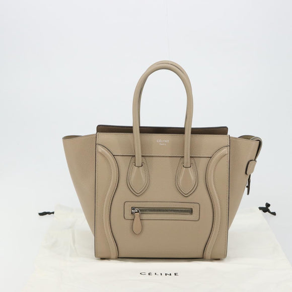 CELINE Luggage Micro Shopper Hand Bag Leather Beige Silver Auth 181821M