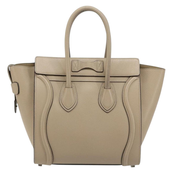 CELINE Luggage Micro Shopper Hand Bag Leather Beige Silver Auth 181821M