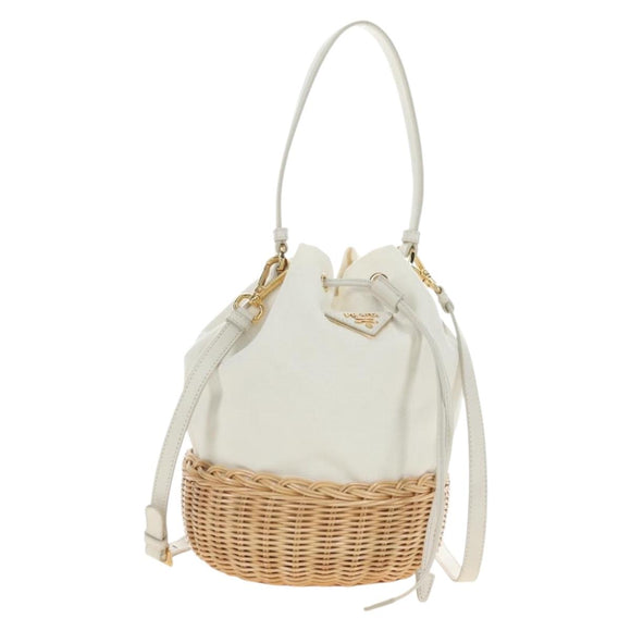 PRADA Hand Bag Rattan 2way White Gold Auth 181826SM