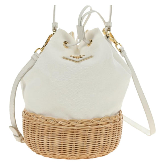 PRADA Hand Bag Rattan 2way White Gold Auth 181826SM