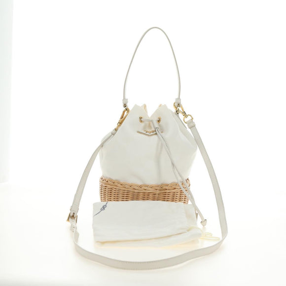 PRADA Hand Bag Rattan 2way White Gold Auth 181826SM