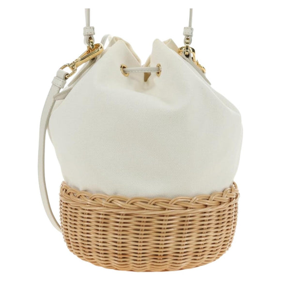 PRADA Hand Bag Rattan 2way White Gold Auth 181826SM