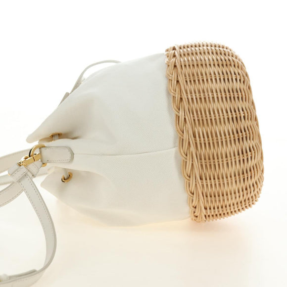 PRADA Hand Bag Rattan 2way White Gold Auth 181826SM