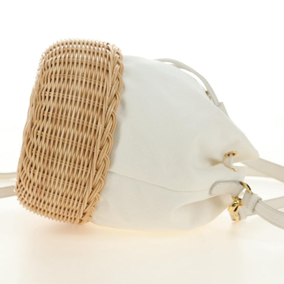 PRADA Hand Bag Rattan 2way White Gold Auth 181826SM