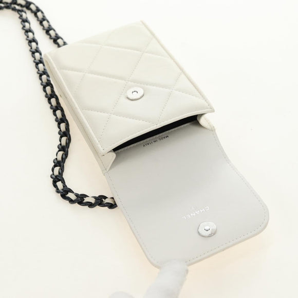 CHANEL Matelasse Chain Shoulder Bag Lamb Skin 2way White Silver CC Auth 181828M