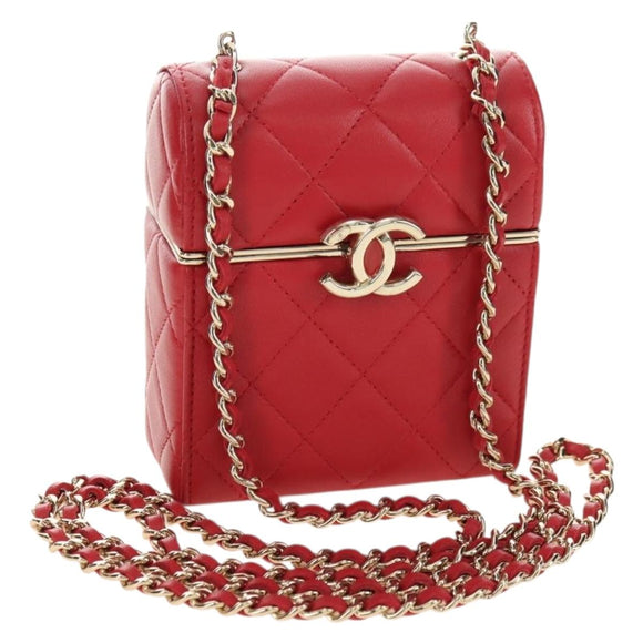 CHANEL Matelasse Chain Shoulder Bag Lamb Skin Red Gold CC Auth 181834SAM