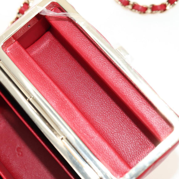 CHANEL Matelasse Chain Shoulder Bag Lamb Skin Red Gold CC Auth 181834SAM
