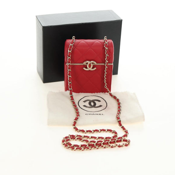 CHANEL Matelasse Chain Shoulder Bag Lamb Skin Red Gold CC Auth 181834SAM