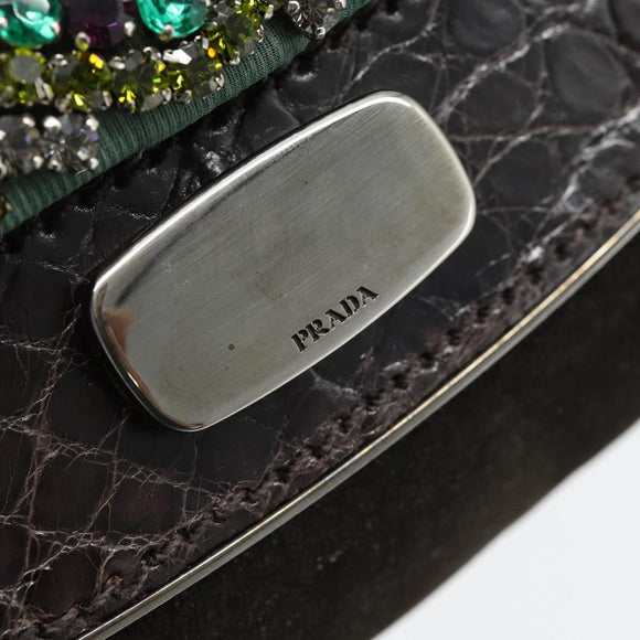 PRADA Umhängetasche Leder Dunkelbraun Silber Auth 181835M